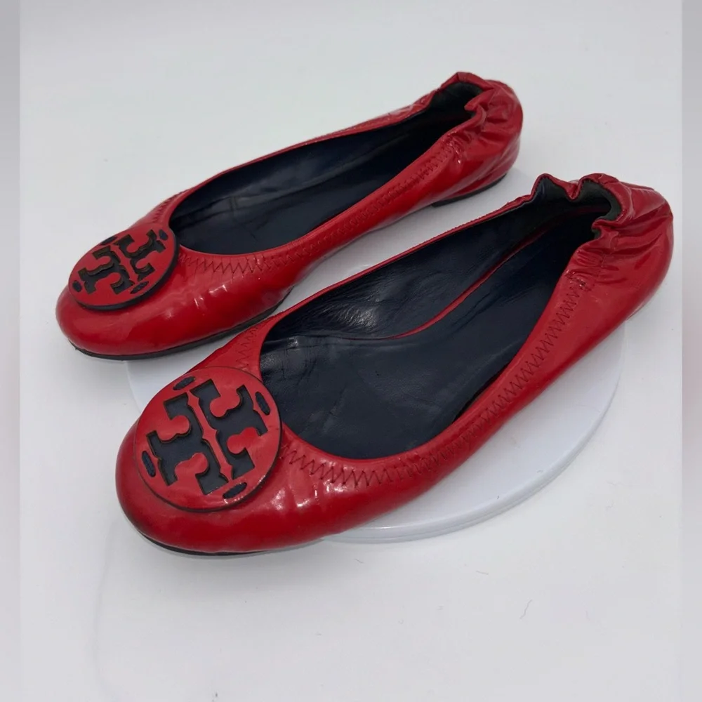 TORY BURCH Red Reva Ballet Flat Patent Leather Shoe Logo Slip On Office‎ Round 7